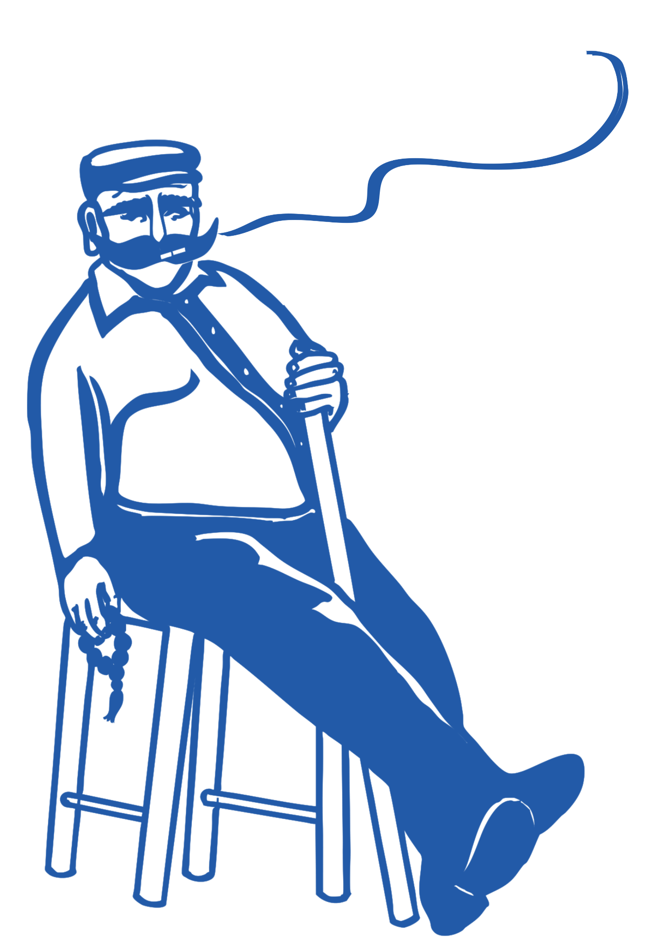 Line drawing of an old Greek man smoking on a stool, smoke curling to the right